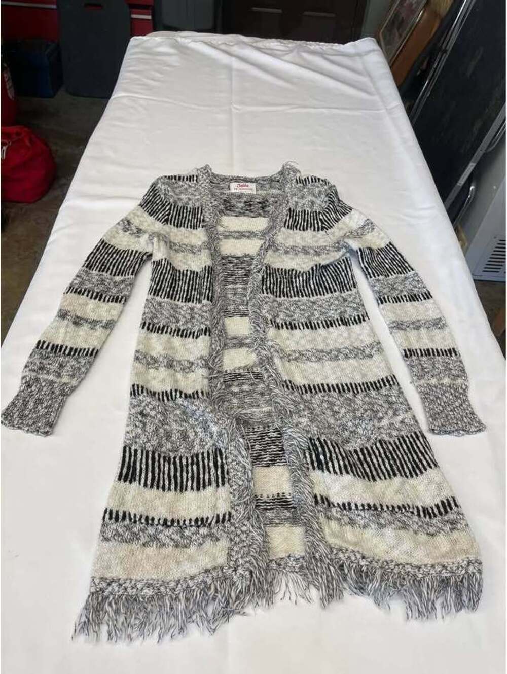 Justice Girls Size 14 Long Fringe Cardigan Sweater Black Gray Cream